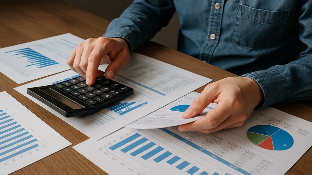 Eine Person berechnet das Kurs-Gewinn-Verhältnis anhand von Finanzberichten.