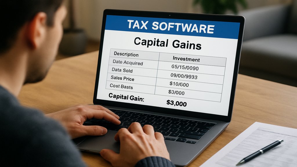 Eine Person nutzt eine Steuer-Software zur Berechnung von Kapitalerträgen aus ETFs.