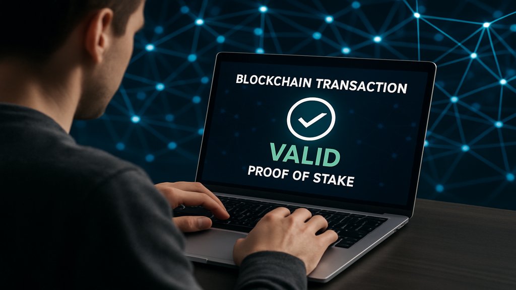 Eine Person validiert Blockchain-Transaktionen, symbolisch für Proof of Stake.