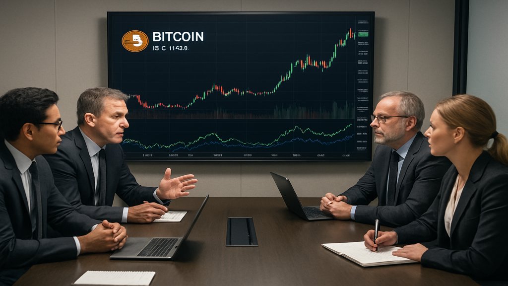 Experten diskutieren Bitcoin-Trends in einem Konferenzraum.