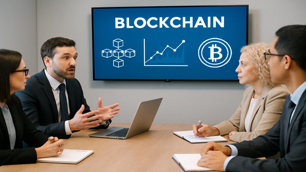 Experten diskutieren über Blockchain und Token in einem Meeting.