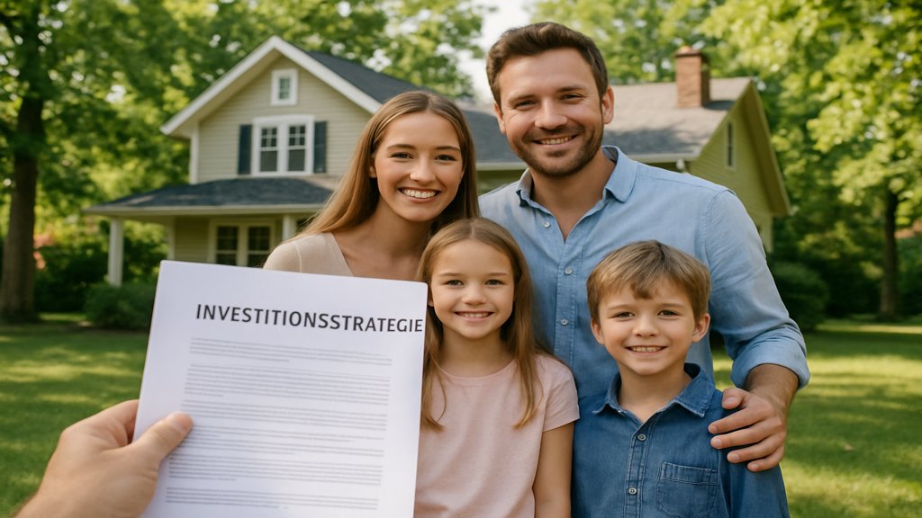 Familie vor ihrem Eigenheim als Symbol für Immobilien als Inflationsschutz.