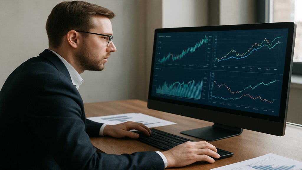 Finanzanalyst arbeitet an wirtschaftlichen Diagrammen auf einem Computerbildschirm.