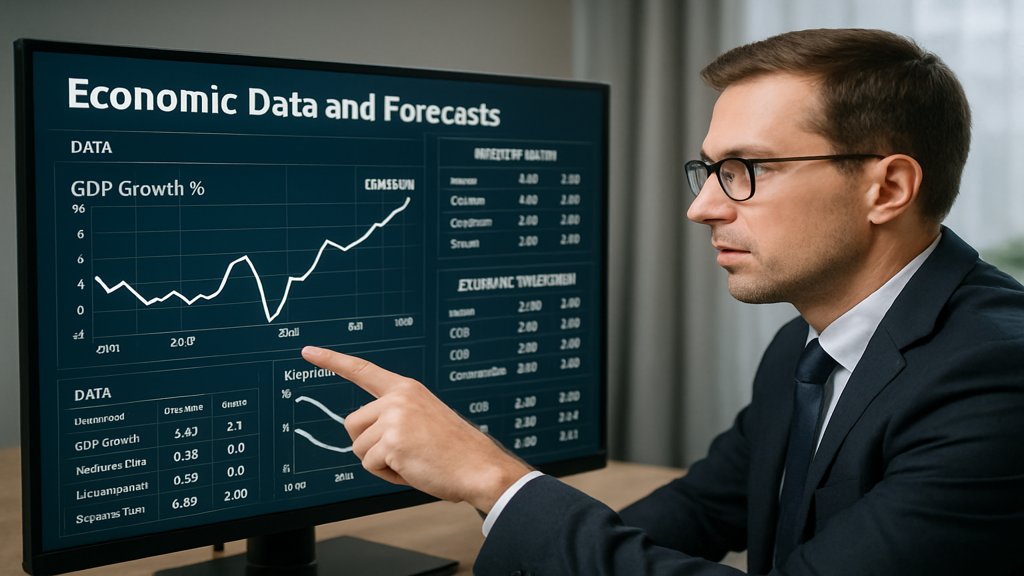 Finanzanalyst zeigt auf Wirtschaftsdaten und Prognosen auf einem Bildschirm.