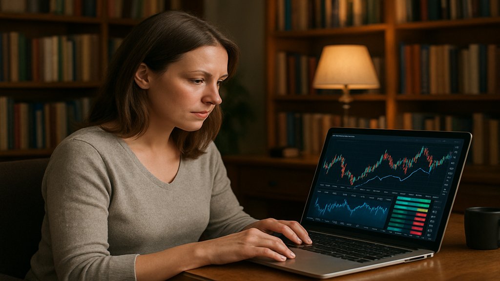 Frau analysiert Aktien auf einem Laptop in einem Arbeitszimmer.