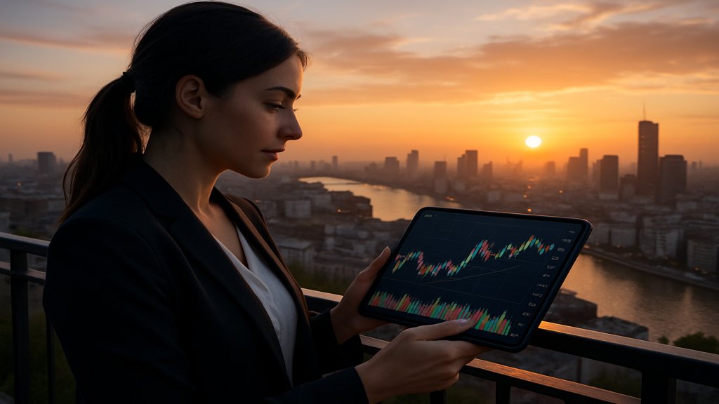 Frau mit Tablet, das Börsendaten zeigt, auf einem Balkon.
