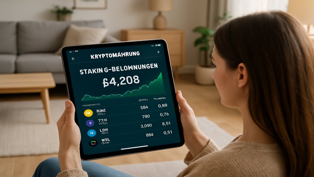 Frau nutzt Tablet für Kryptowährungs-Staking in einem modernen Wohnzimmer.
