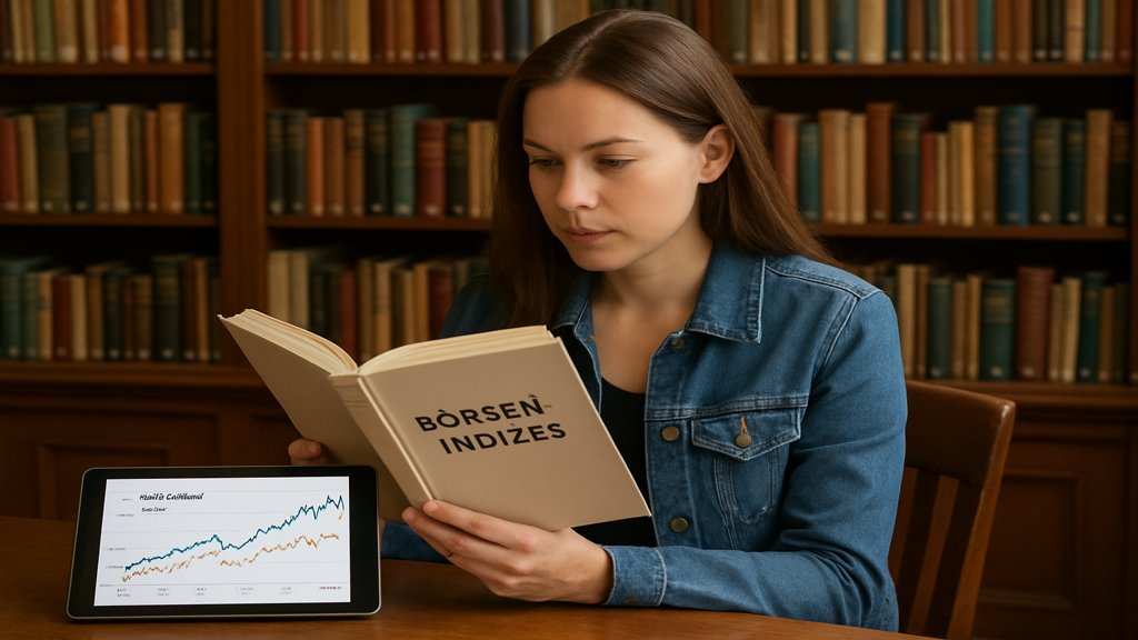 Frau studiert Börsenindizes mit Fokus auf DAX und MSCI World.