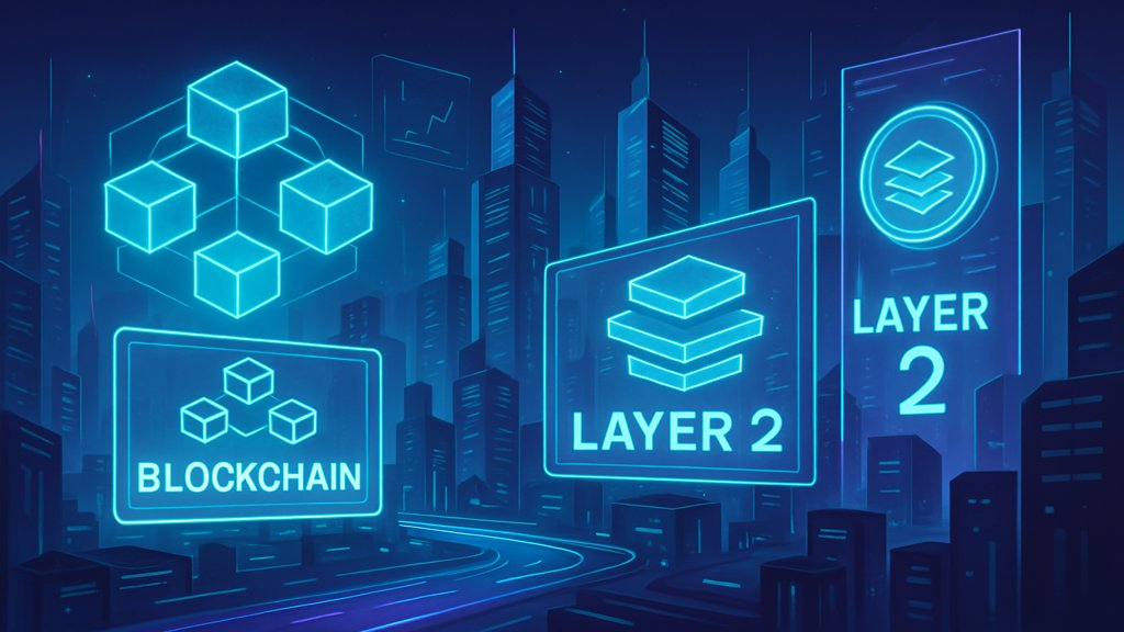 Futuristische Stadt mit Blockchain- und Layer 2-Technologie als visuelle Elemente.