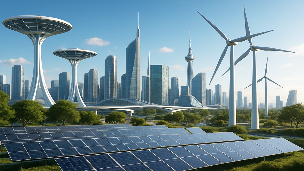 Futuristische Stadt mit erneuerbaren Energien und modernen Technologien als Symbol für den aktuellen Kondratieff Zyklus.