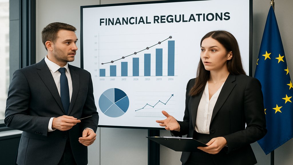 Geschäftsleute bei einer Präsentation über Finanzregulierungen mit EU-Flaggen im Hintergrund.