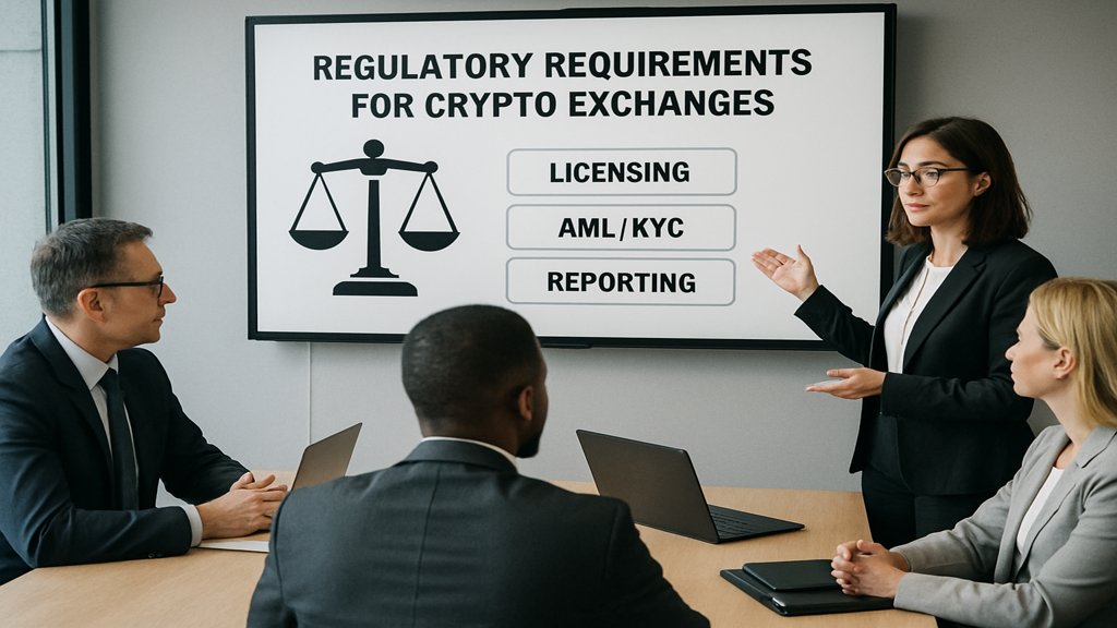 Geschäftsleute diskutieren über regulatorische Anforderungen für Kryptobörsen.