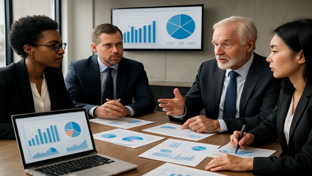 Geschäftsleute diskutieren Wirtschaftsdaten in einem Konferenzraum.