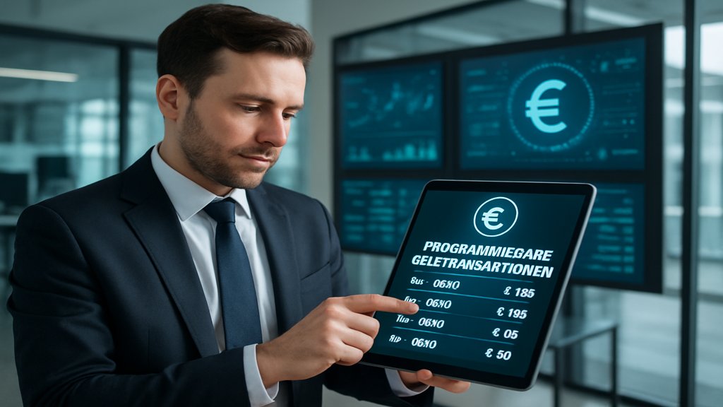 Geschäftsmann überwacht programmierbare Geldtransaktionen auf einem Tablet.