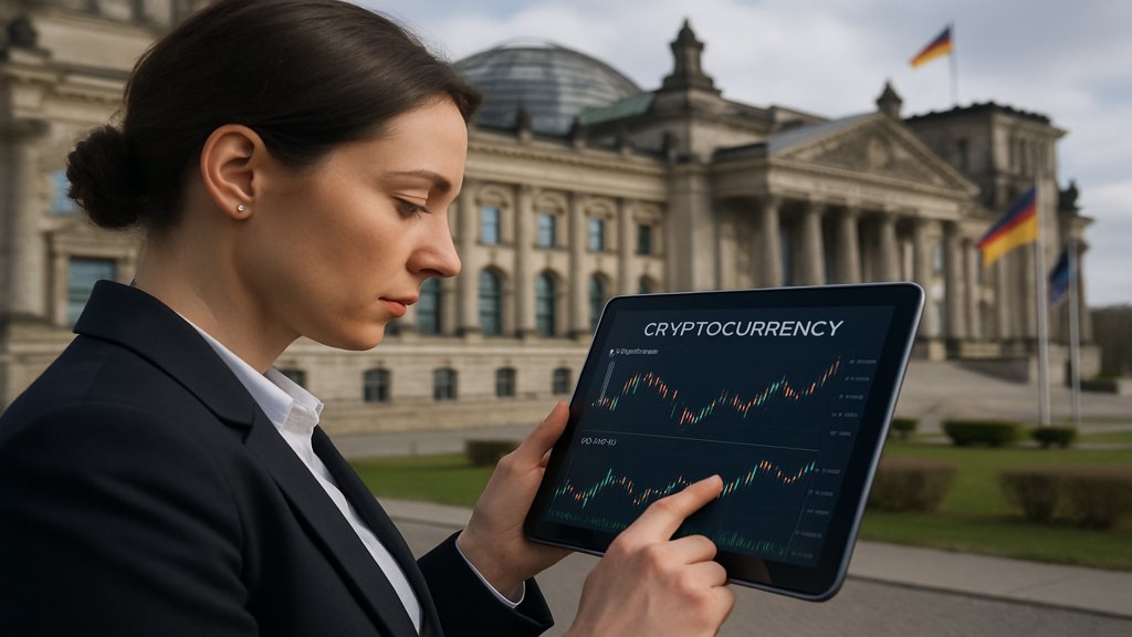 Geschäftsperson analysiert Kryptowährungs-Daten auf einem Tablet vor einem EU-Regierungsgebäude.
