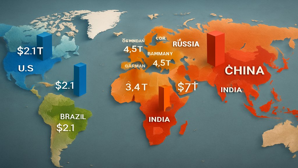 Globale Karte mit hervorgehobenen Ländern und deren BIP-Werten.