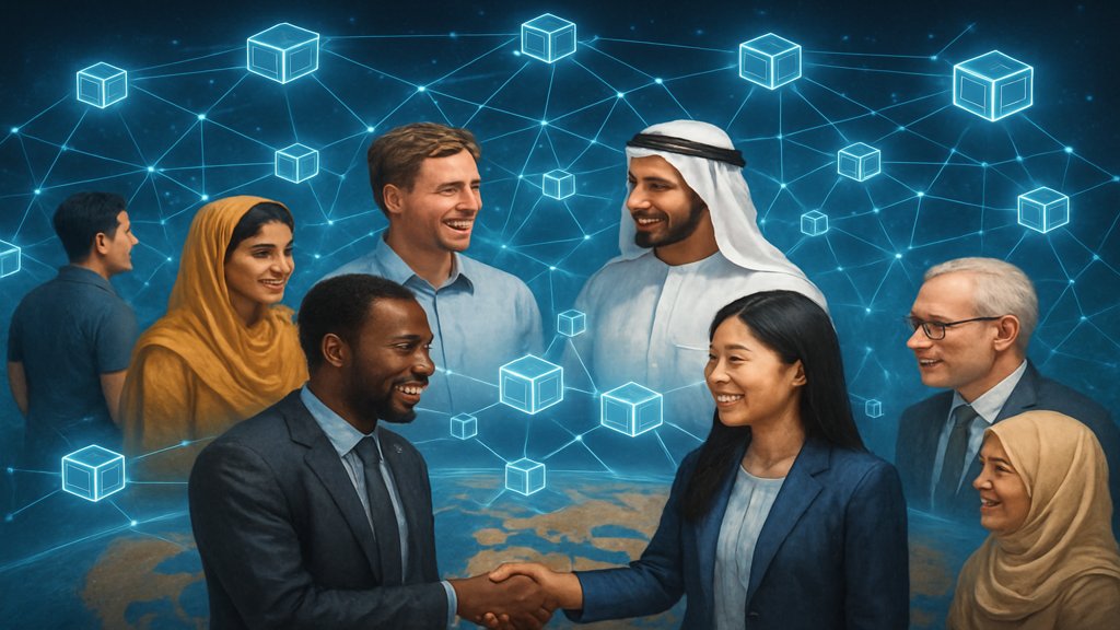 Globales Blockchain-Netzwerk mit Menschen aus verschiedenen Kulturen.