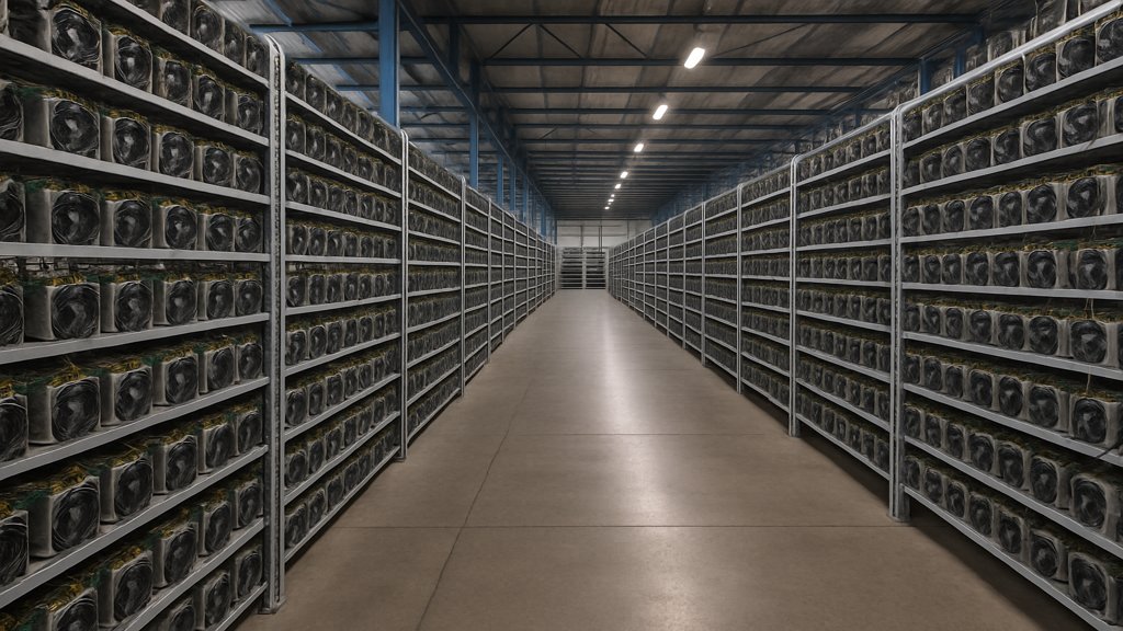 Große Bitcoin-Mining-Farm mit zahlreichen Rigs.