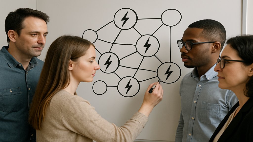 Gruppe diskutiert Netzwerkdiagramm mit Lightning-Symbolen.