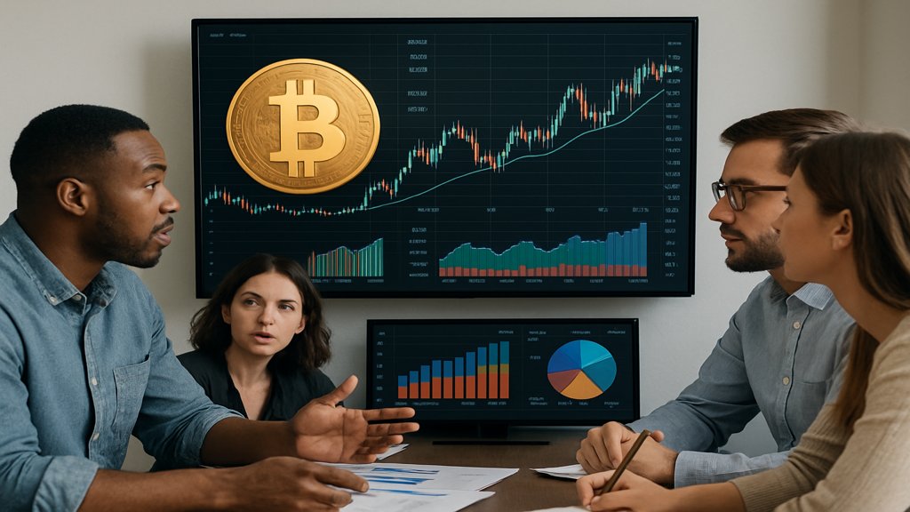 Gruppe diskutiert über Bitcoin und betrachtet Diagramme.