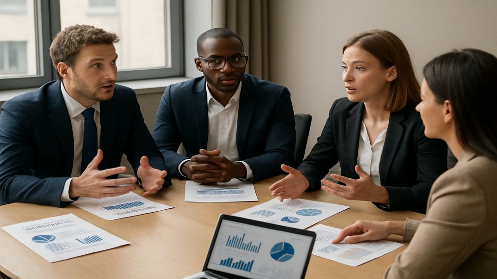 Gruppe diskutiert über Investitionsmöglichkeiten.