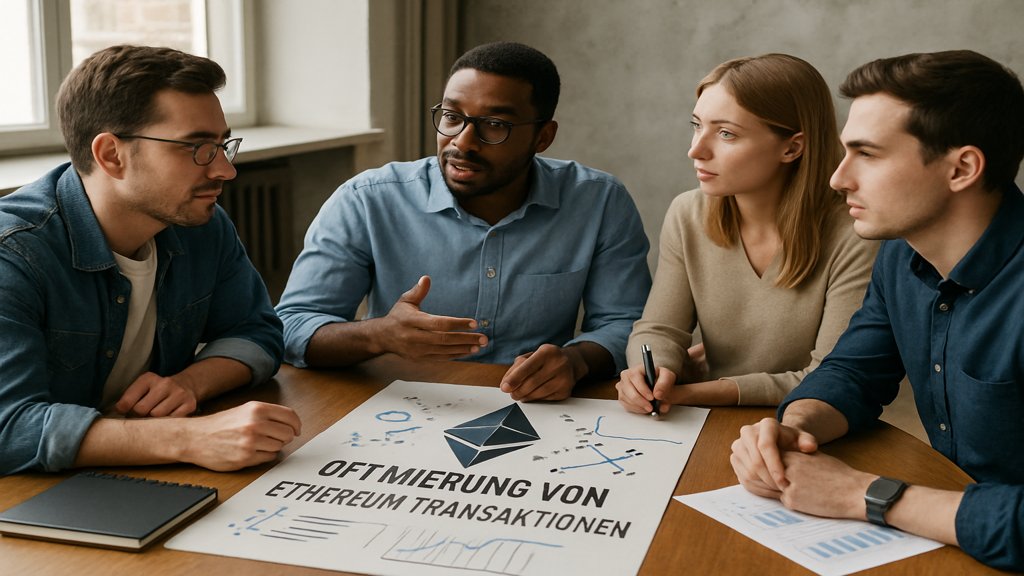 Gruppe von Menschen diskutiert Strategien zur Reduzierung von Ethereum Gas Fees.