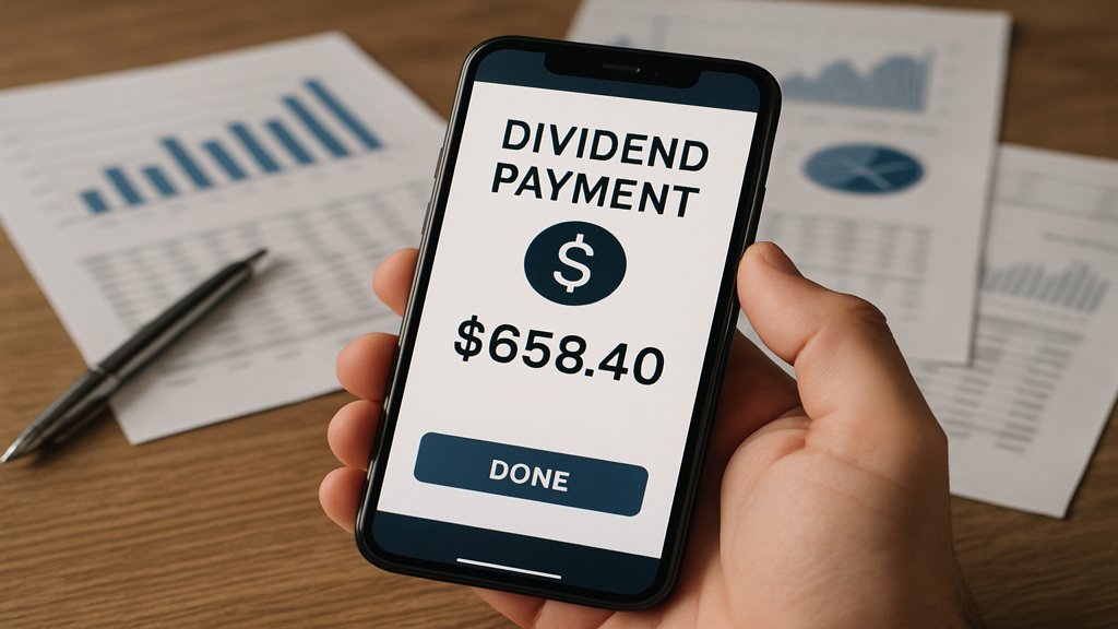 Hand mit Smartphone zeigt Dividendenzahlung, Schreibtisch im Hintergrund.