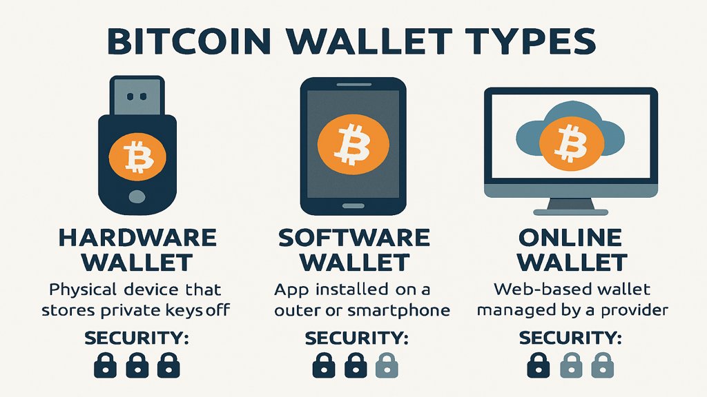 Infografik der verschiedenen Bitcoin Wallet-Typen mit Sicherheitsbewertungen.