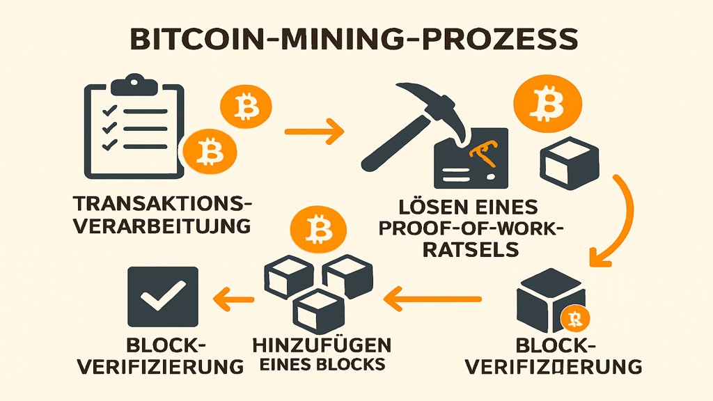 Infografik des Bitcoin-Mining-Prozesses mit Transaktionsverarbeitung und Blockverifizierung.