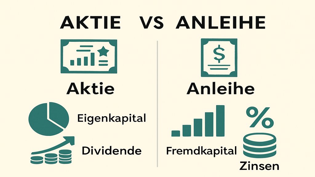 Infografik, die den Unterschied zwischen Aktien und Anleihen erklärt.