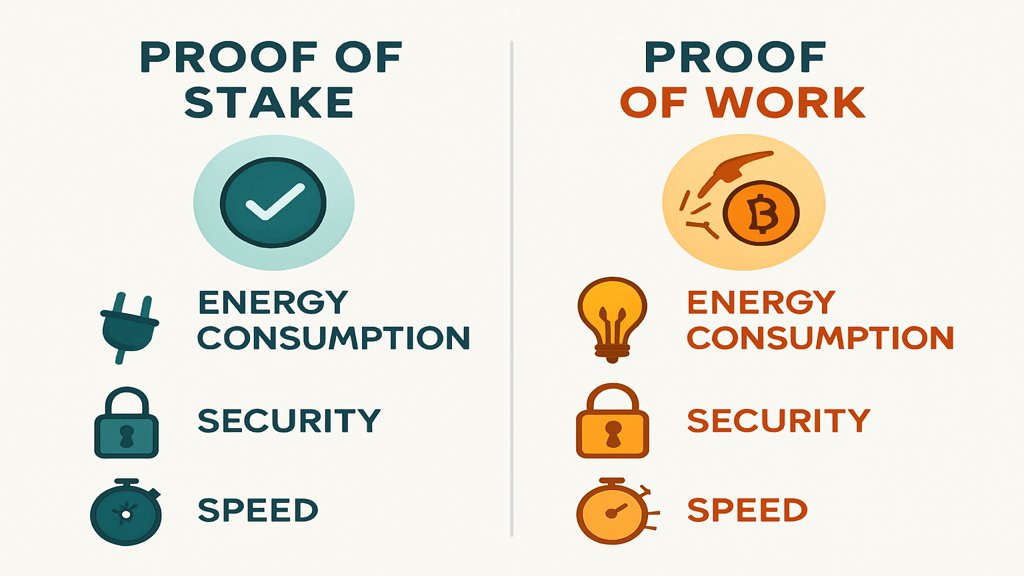Infografik mit den Unterschieden zwischen Proof of Stake und Proof of Work.