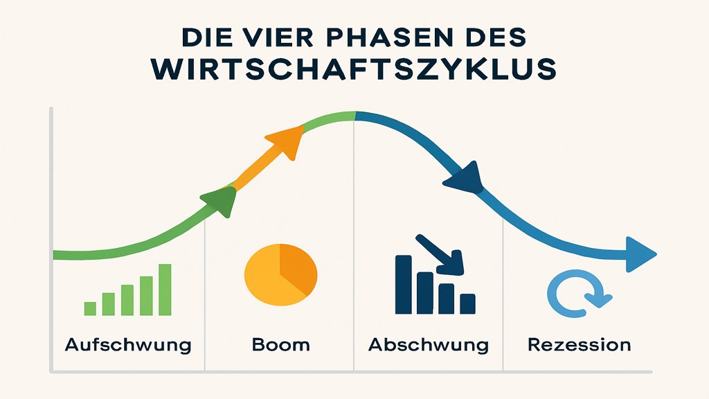 Infografik mit den vier Phasen des Wirtschaftszyklus.