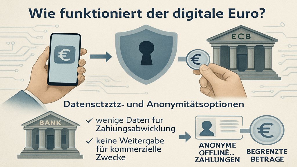 Infografik über die Funktionsweise des Digitalen Euro und seine Datenschutzaspekte.