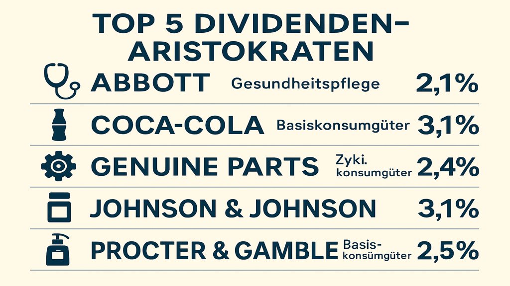 Infografik über die Top 5 Dividenden Aristokraten mit wichtigen Daten.