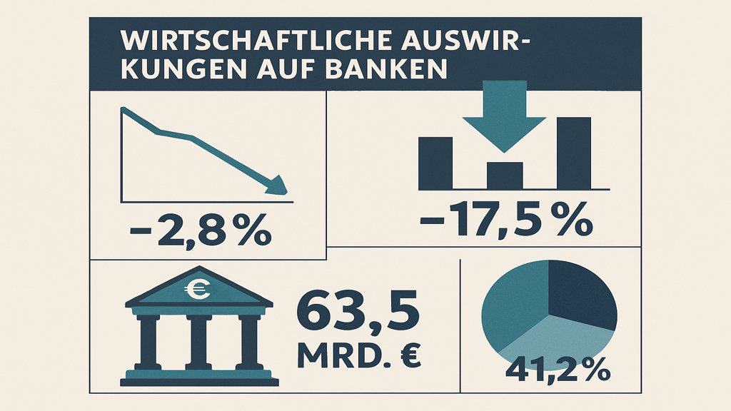 Infografik über wirtschaftliche Auswirkungen auf Banken mit Diagrammen und Zahlen.