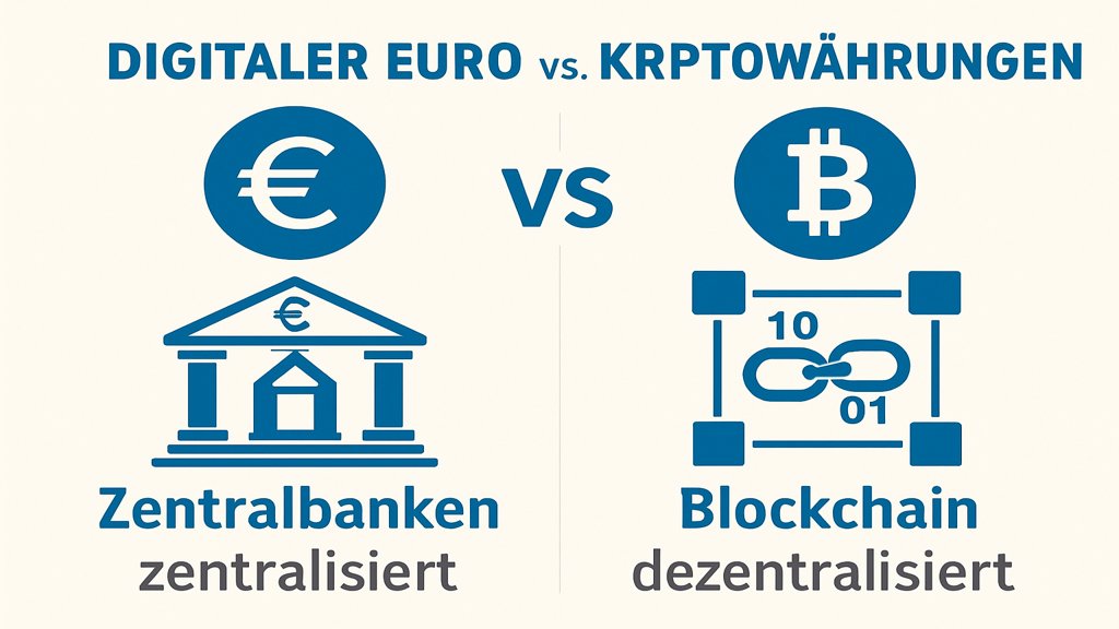 Infografik: Unterschiede zwischen digitalem Euro und Kryptowährungen.