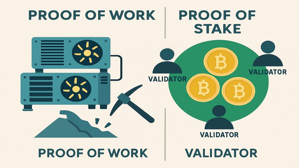 Infografik: Unterschiede zwischen Proof of Work und Proof of Stake.
