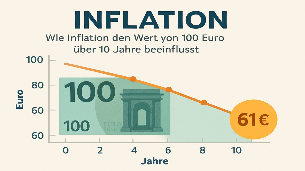Infografik: Wertverlust von 100 Euro durch Inflation über 10 Jahre.