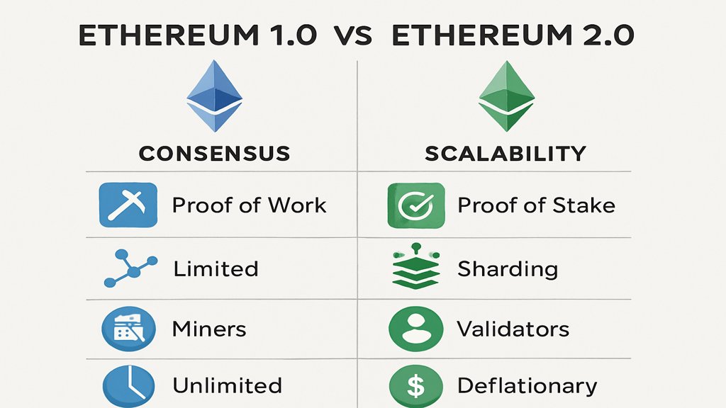 Infografik zu den Unterschieden zwischen Ethereum 1.0 und Ethereum 2.0.
