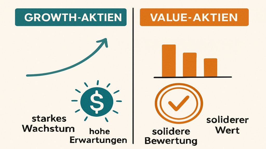 Infografik zu den Unterschieden zwischen Growth und Value Aktien.