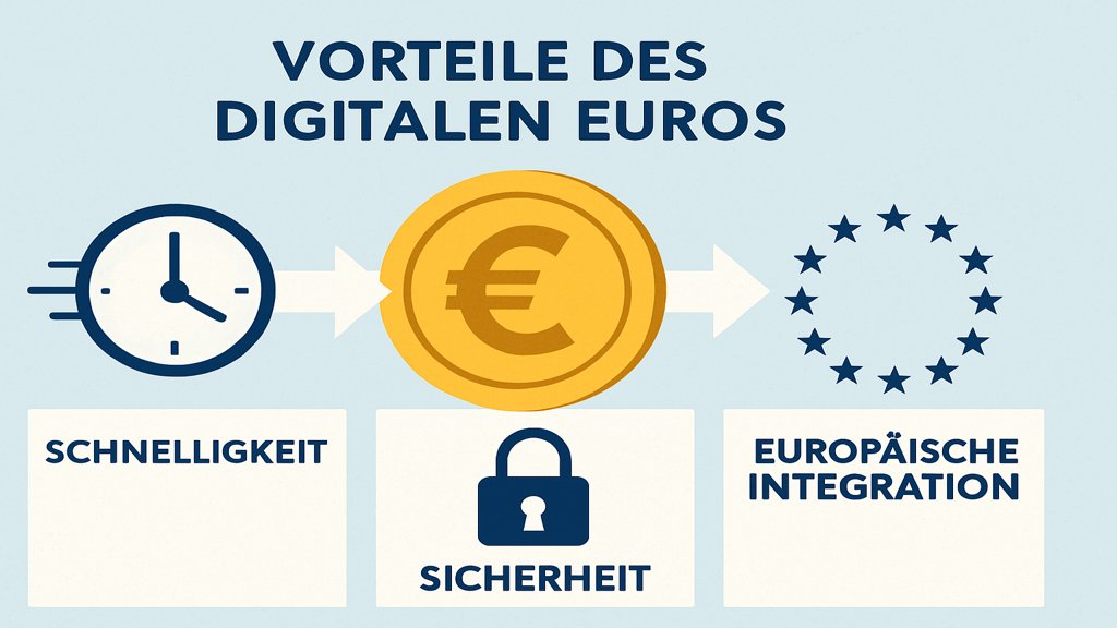 Infografik zu den Vorteilen des digitalen Euros: Schnelligkeit, Sicherheit und europäische Integration.