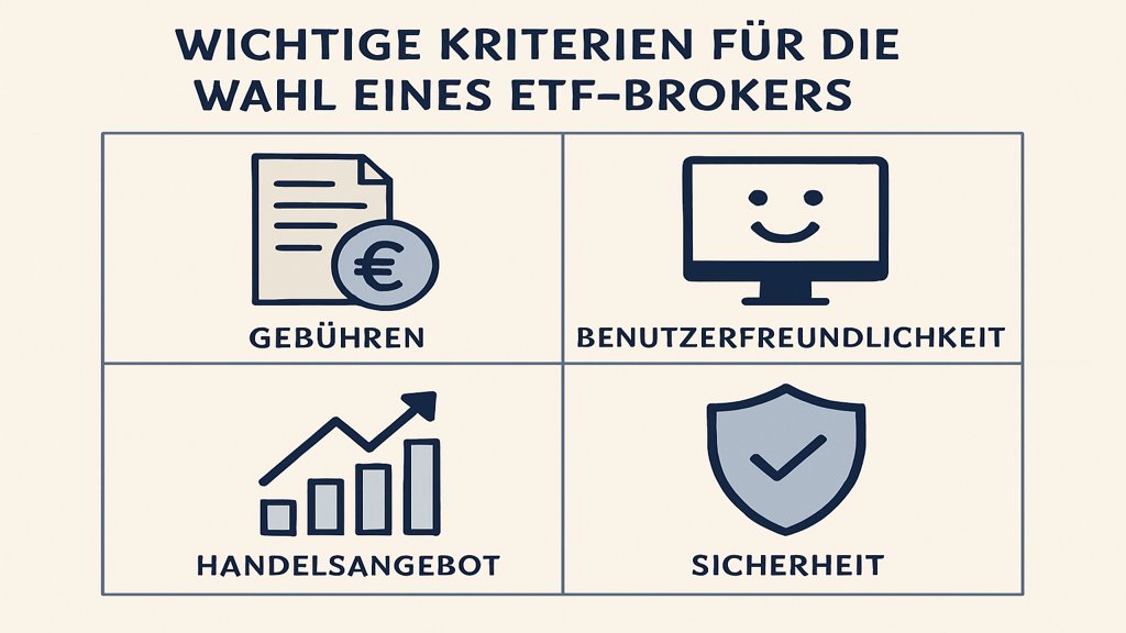 Infografik zu den wichtigsten Kriterien für die Wahl eines ETF Brokers.
