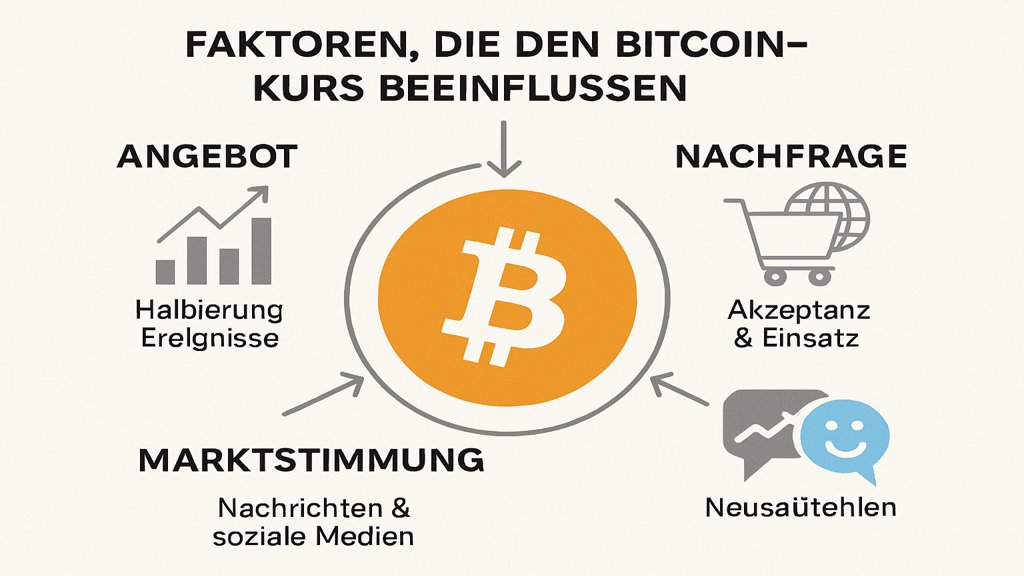 Infografik zu Faktoren, die den Bitcoin-Kurs beeinflussen.
