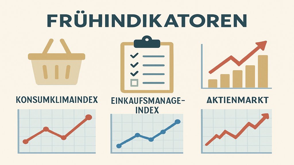 Infografik zu Frühindikatoren der Konjunktur mit Beispielen und Erklärungen.