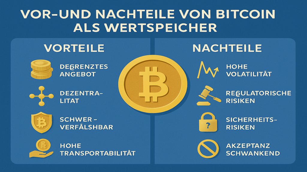 Infografik zu Vor- und Nachteilen von Bitcoin als Wertspeicher.