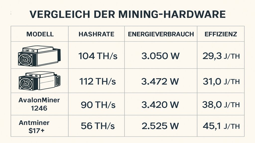 Infografik zum Vergleich von Mining-Hardware-Leistungsmerkmalen.