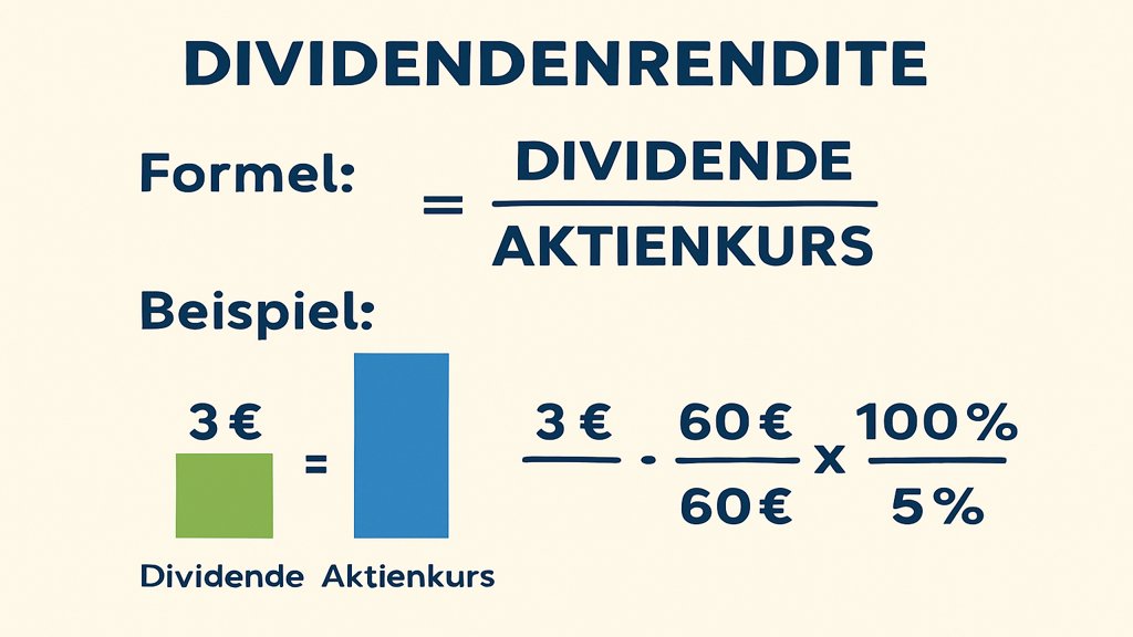Infografik zur Berechnung der Dividendenrendite mit Formel und Beispiel.