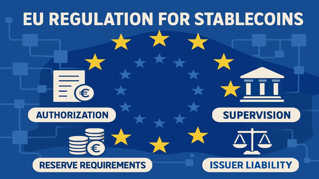 Infografik zur EU-Regulierung von Stablecoins mit EU-Flagge und Blockchain-Symbolen.