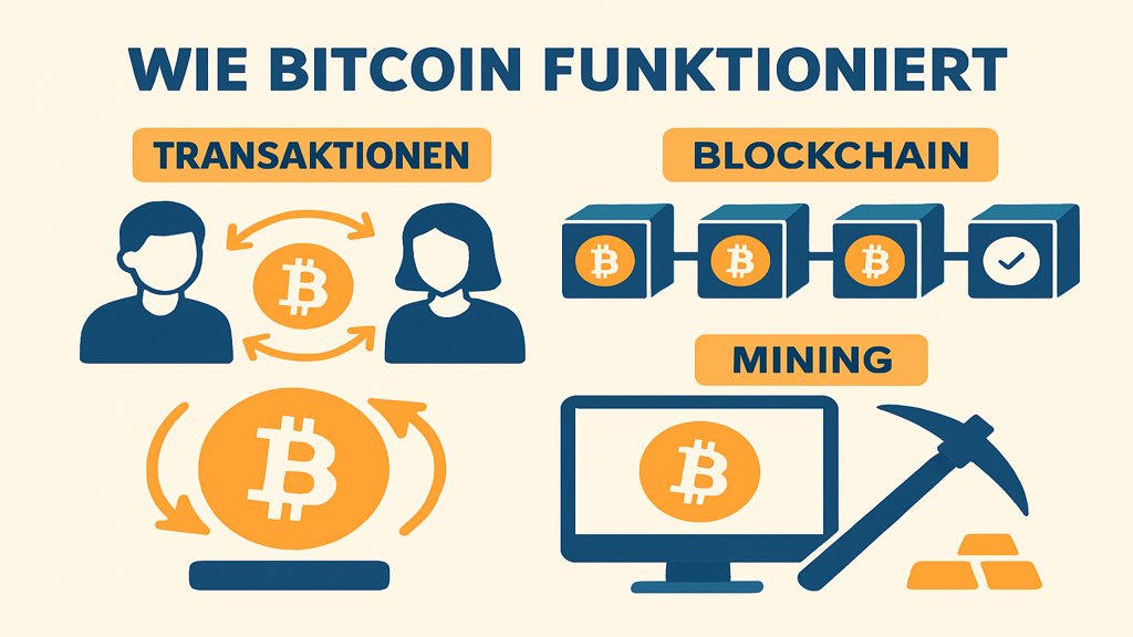 Infografik zur Funktionsweise von Bitcoin.