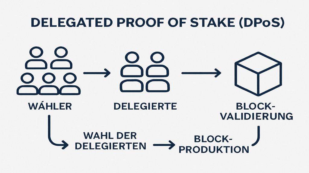 Infografik zur Funktionsweise von Delegated Proof of Stake (DPoS).